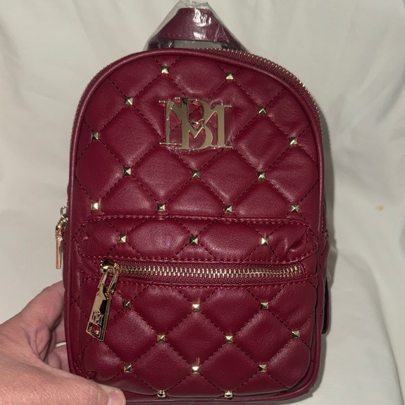 Badgley Mischka Burgundy Quilted Mini Backpack with Gold Accents - Picture 2 of 12